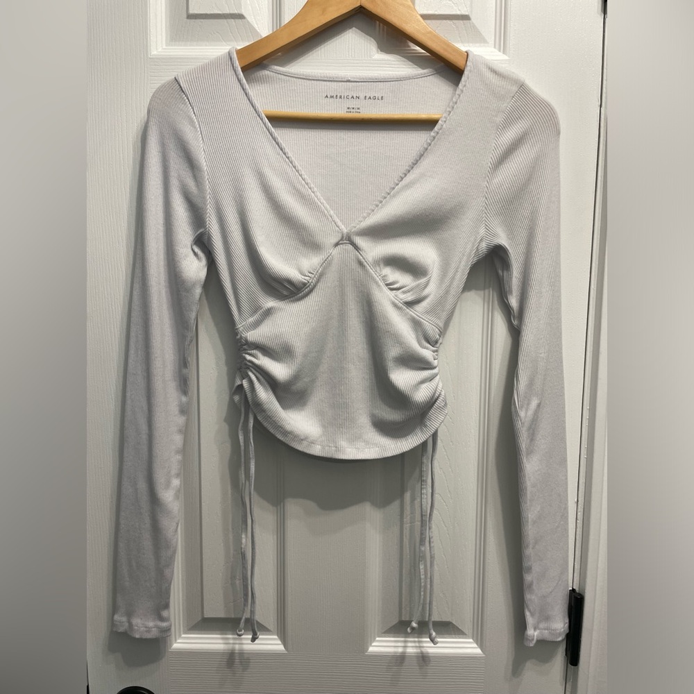 Y2K American Eagle Women’s Medium V Neck Babydoll Long Sleeve Crop Top White